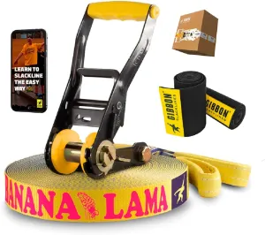 GIBBON BananaLama Slackline with TreeWear - Innovative 1.5" Width Ultimate All Rounder Slack Line - Quality Reliable Set Up for Family Kids and Adults