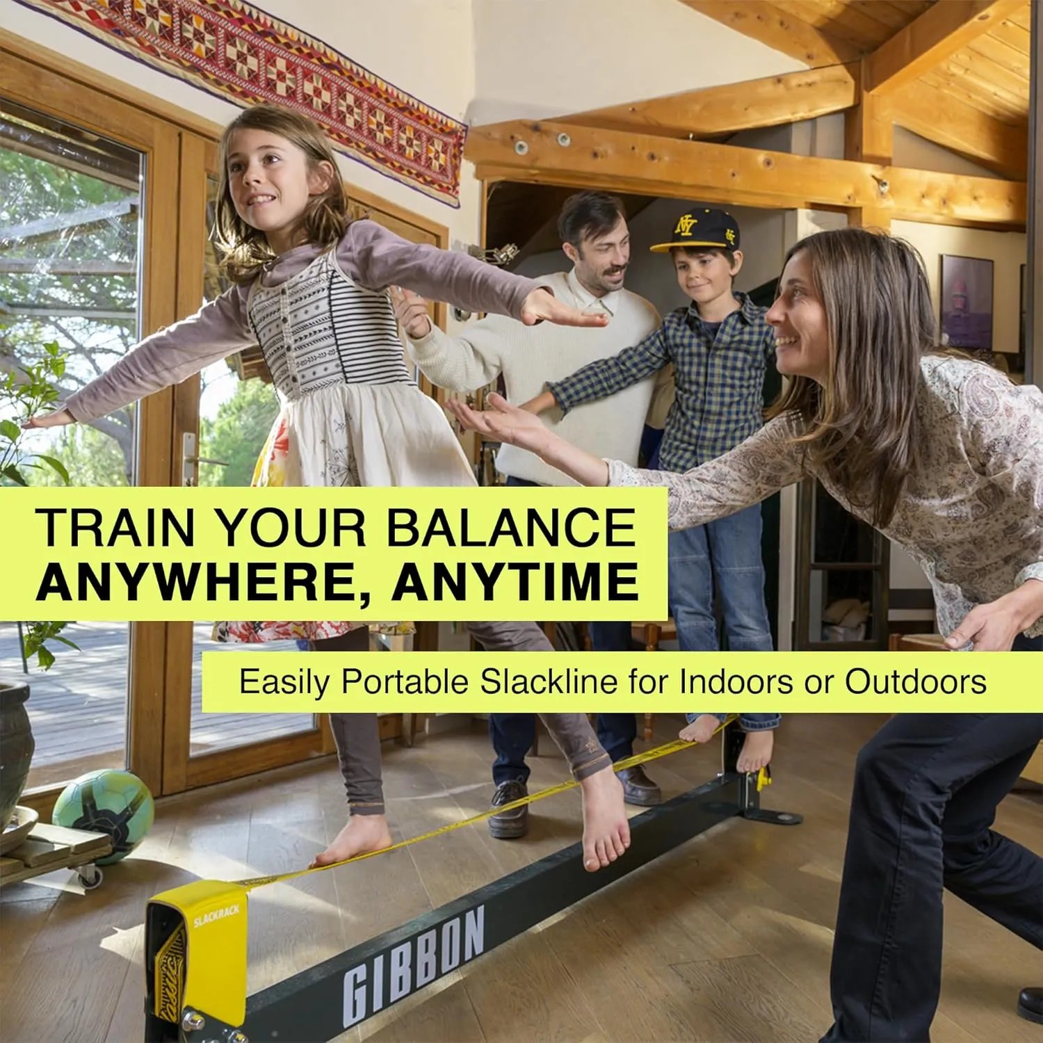 GIBBON Slackrack - Freestanding Outdoor or Indoor Slackline - Slack Line for Kids & Adults - Balance Trainer - Setup in 7ft or 10ft