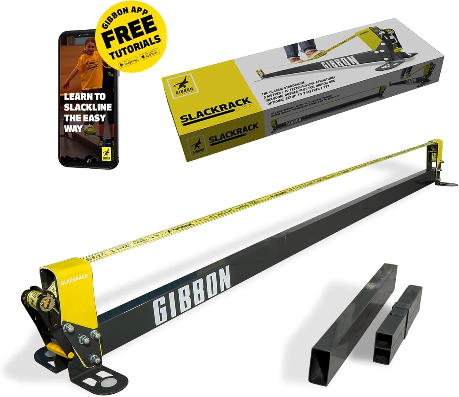 GIBBON Slackrack - Freestanding Outdoor or Indoor Slackline - Slack Line for Kids & Adults - Balance Trainer - Setup in 7ft or 10ft