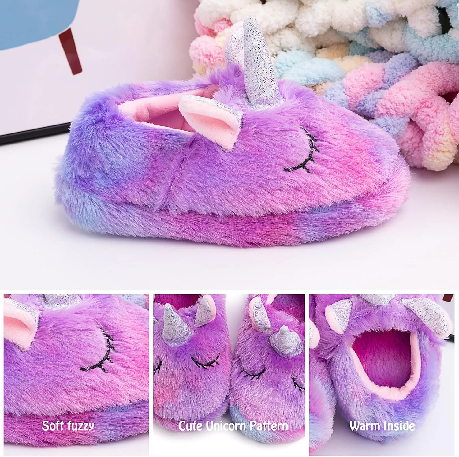 Girls Family Unicorn Slippers Cute Fluffy Anti-Slip Indoor Home Slippers Household Winter Warm Slippers