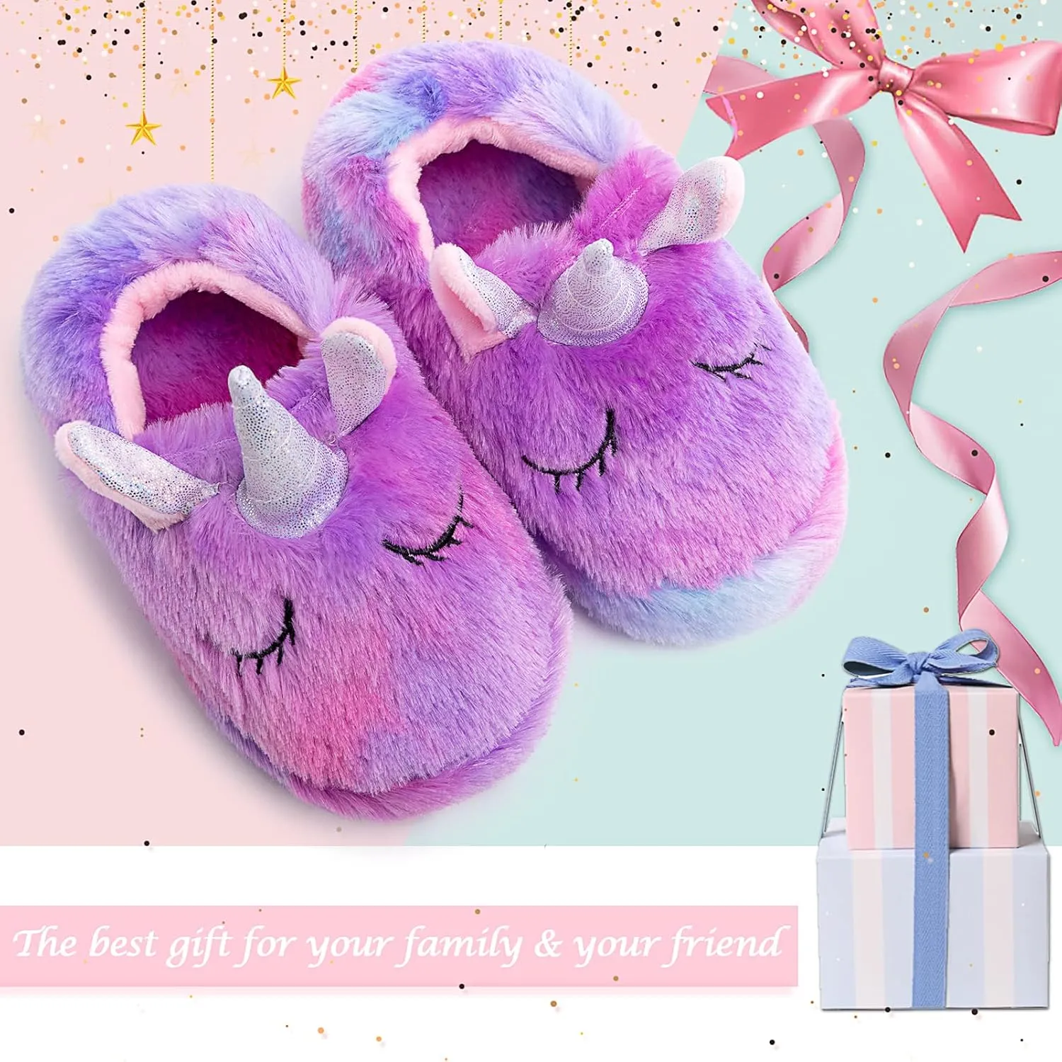 Girls Family Unicorn Slippers Cute Fluffy Anti-Slip Indoor Home Slippers Household Winter Warm Slippers