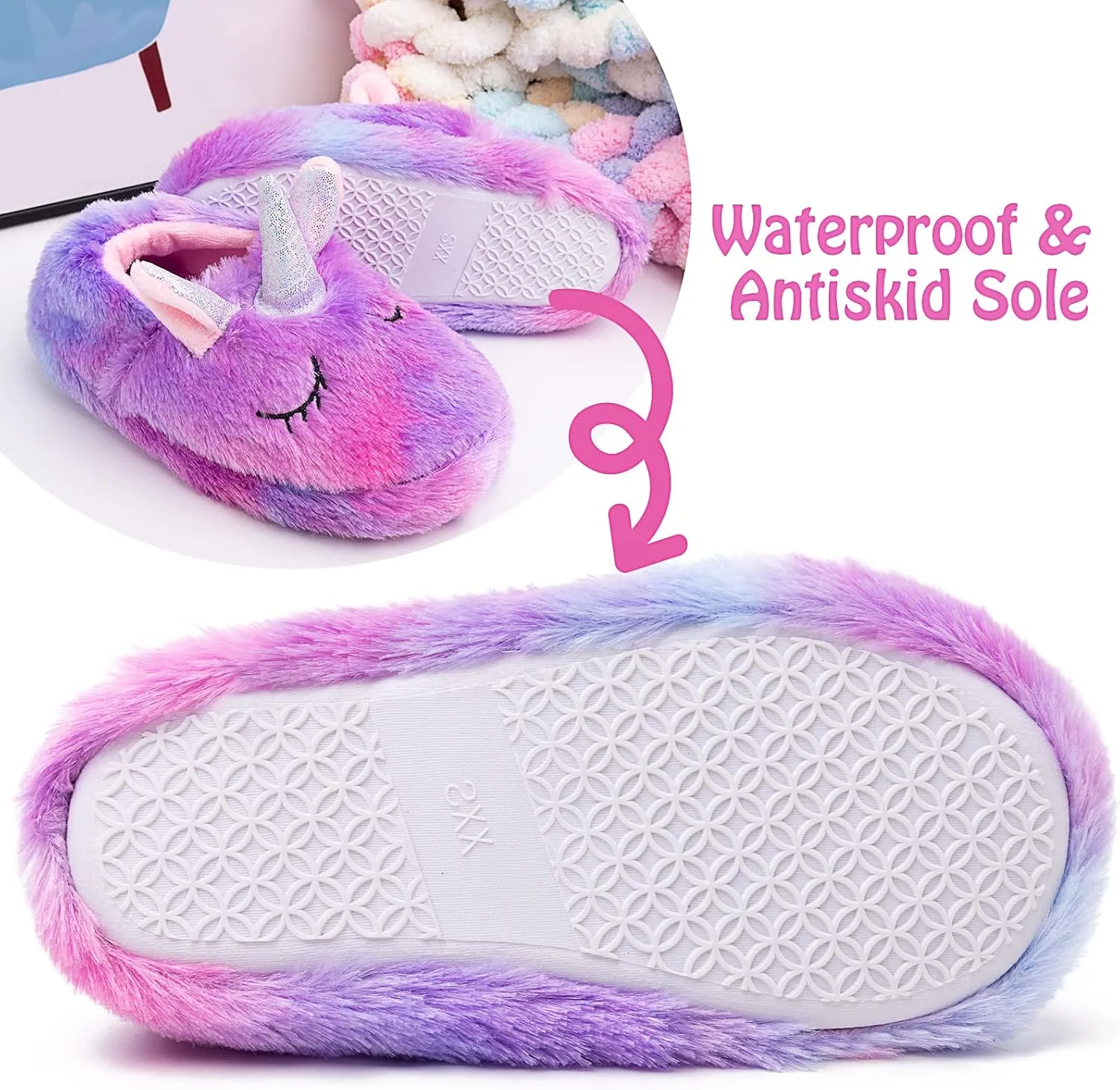 Girls Family Unicorn Slippers Cute Fluffy Anti-Slip Indoor Home Slippers Household Winter Warm Slippers