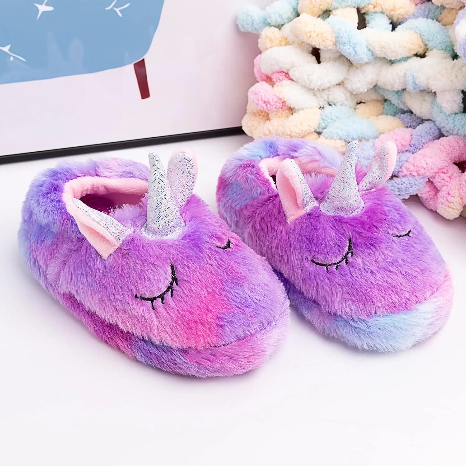 Girls Family Unicorn Slippers Cute Fluffy Anti-Slip Indoor Home Slippers Household Winter Warm Slippers