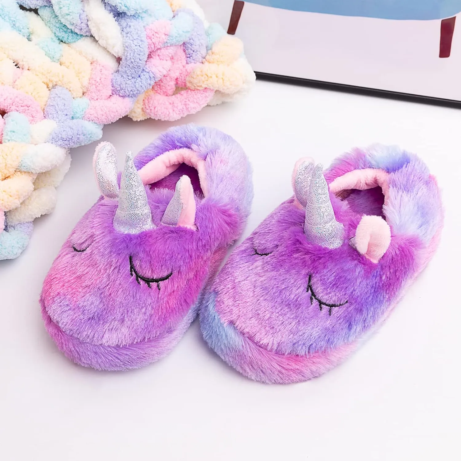 Girls Family Unicorn Slippers Cute Fluffy Anti-Slip Indoor Home Slippers Household Winter Warm Slippers