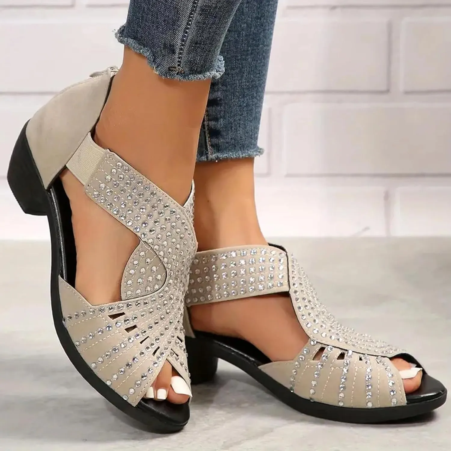 Glow Step Orthopedic Sandals, Low Heel Cut-Out Sandal,Comfortable Sports Slippers Arch Support,Non-Slip Shoes Sparkly Rhinestone Open Toe Dress Shoes
