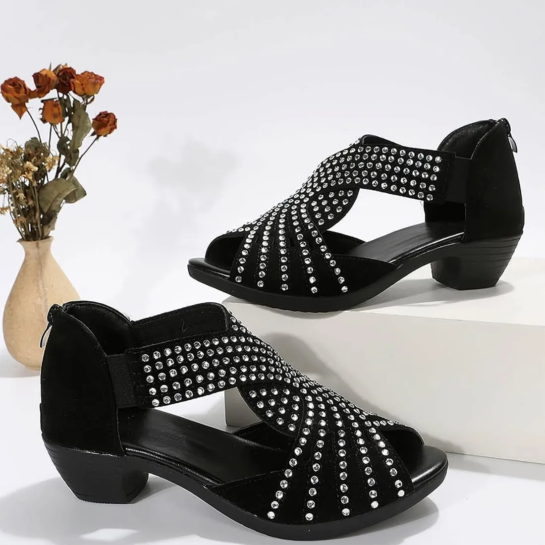 Glow Step Orthopedic Sandals, Low Heel Cut-Out Sandal,Comfortable Sports Slippers Arch Support,Non-Slip Shoes Sparkly Rhinestone Open Toe Dress Shoes