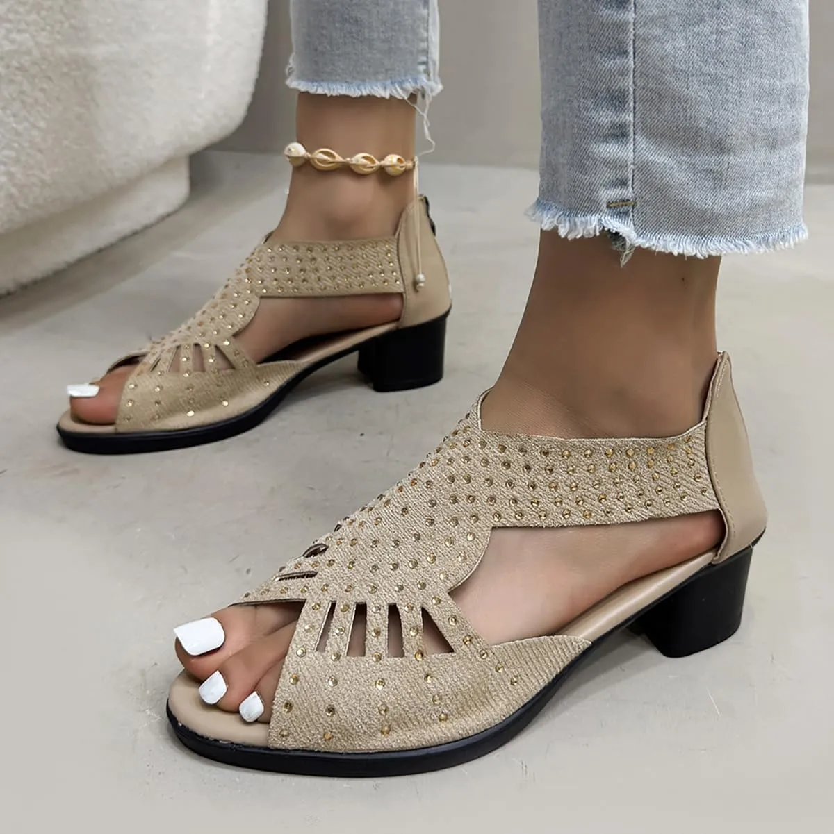 Glow Step Orthopedic Sandals, Low Heel Cut-Out Sandal,Comfortable Sports Slippers Arch Support,Non-Slip Shoes Sparkly Rhinestone Open Toe Dress Shoes