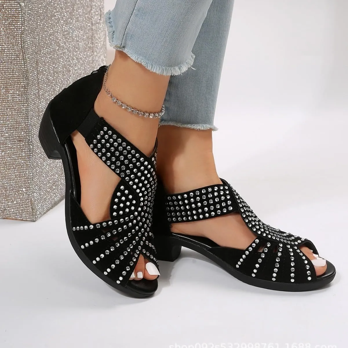 Glow Step Orthopedic Sandals, Low Heel Cut-Out Sandal,Comfortable Sports Slippers Arch Support,Non-Slip Shoes Sparkly Rhinestone Open Toe Dress Shoes