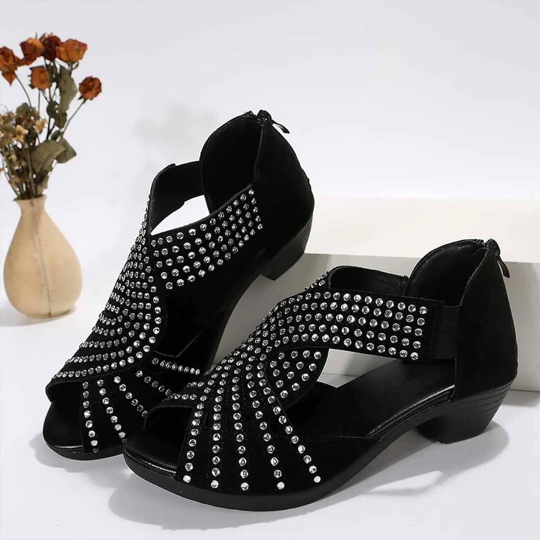Glow Step Orthopedic Sandals, Low Heel Cut-Out Sandal,Comfortable Sports Slippers Arch Support,Non-Slip Shoes Sparkly Rhinestone Open Toe Dress Shoes