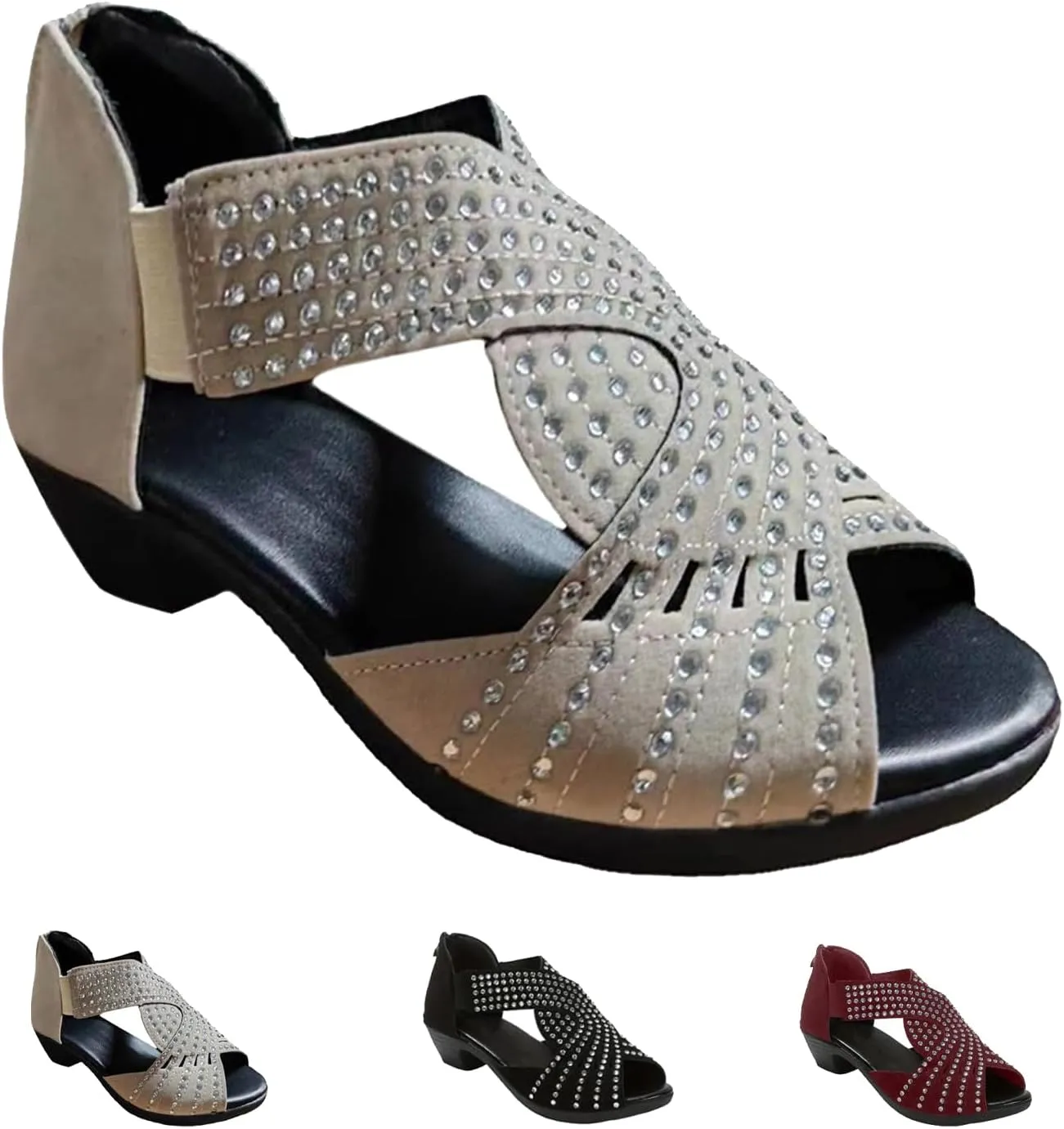 Glow Step Orthopedic Sandals, Low Heel Cut-Out Sandal,Comfortable Sports Slippers Arch Support,Non-Slip Shoes Sparkly Rhinestone Open Toe Dress Shoes