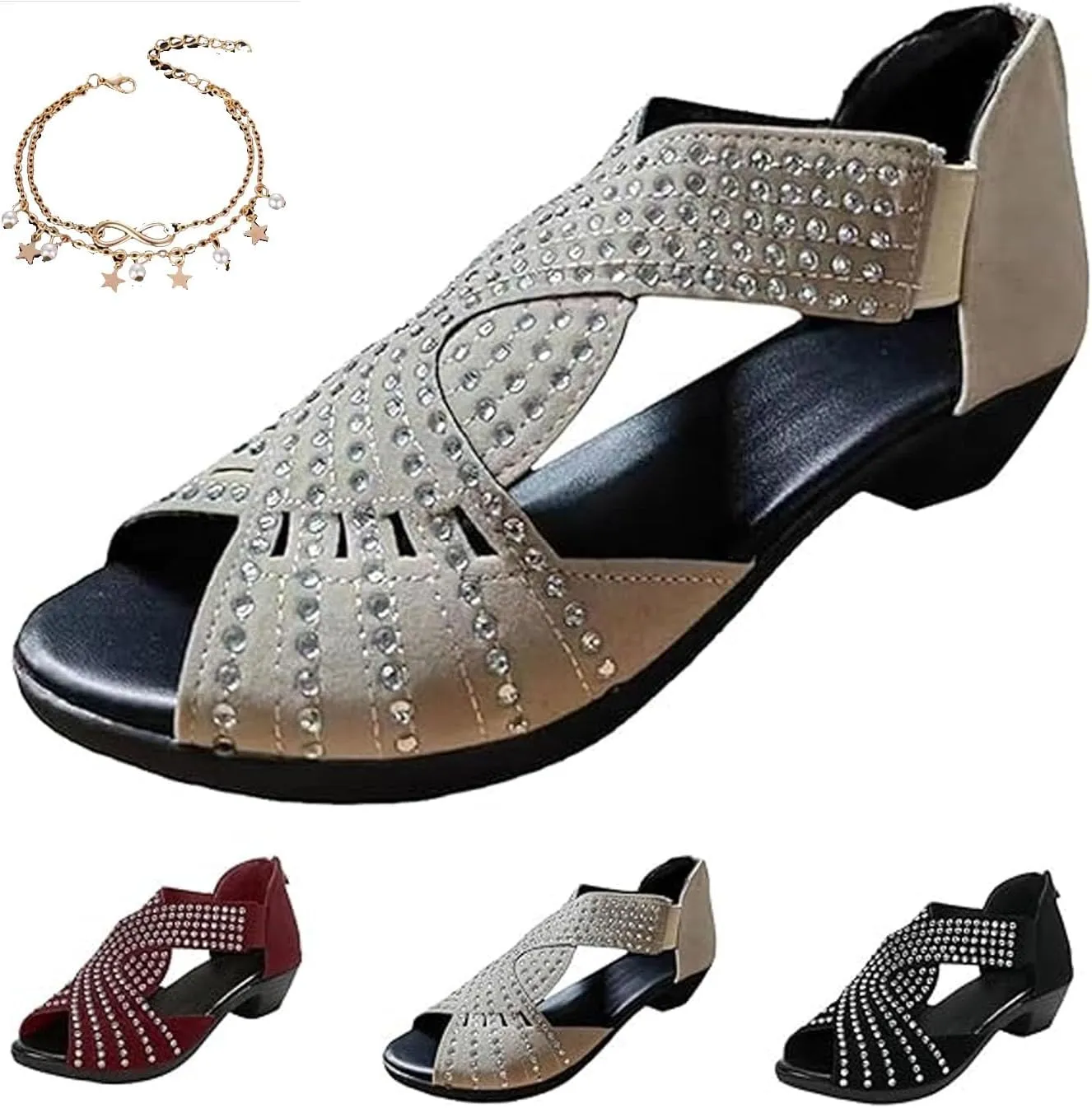 Glowstep Orthopedic Low Heel Cut-Out Sandals,Wide Width Sandals for Women,Rhinestone Open Toe Back Zipper- Arch Support