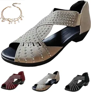 Glowstep Orthopedic Low Heel Cut-Out Sandals,Wide Width Sandals for Women,Rhinestone Open Toe Back Zipper- Arch Support
