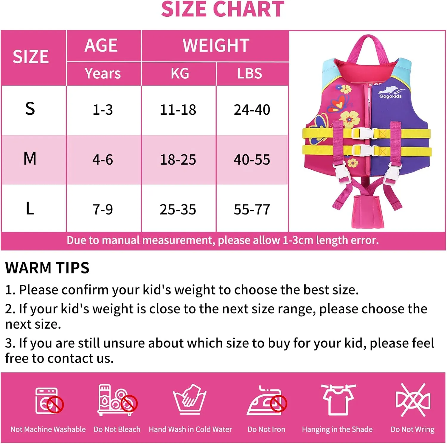 Gogokids Kids Swim Vest, Floaties for Toddler Learn to Swim, Float Jacket with Adjustable Safety Strap, Pool Floation Swimwear for Boys Girls 20-70 lbs, Age 1-9 Years