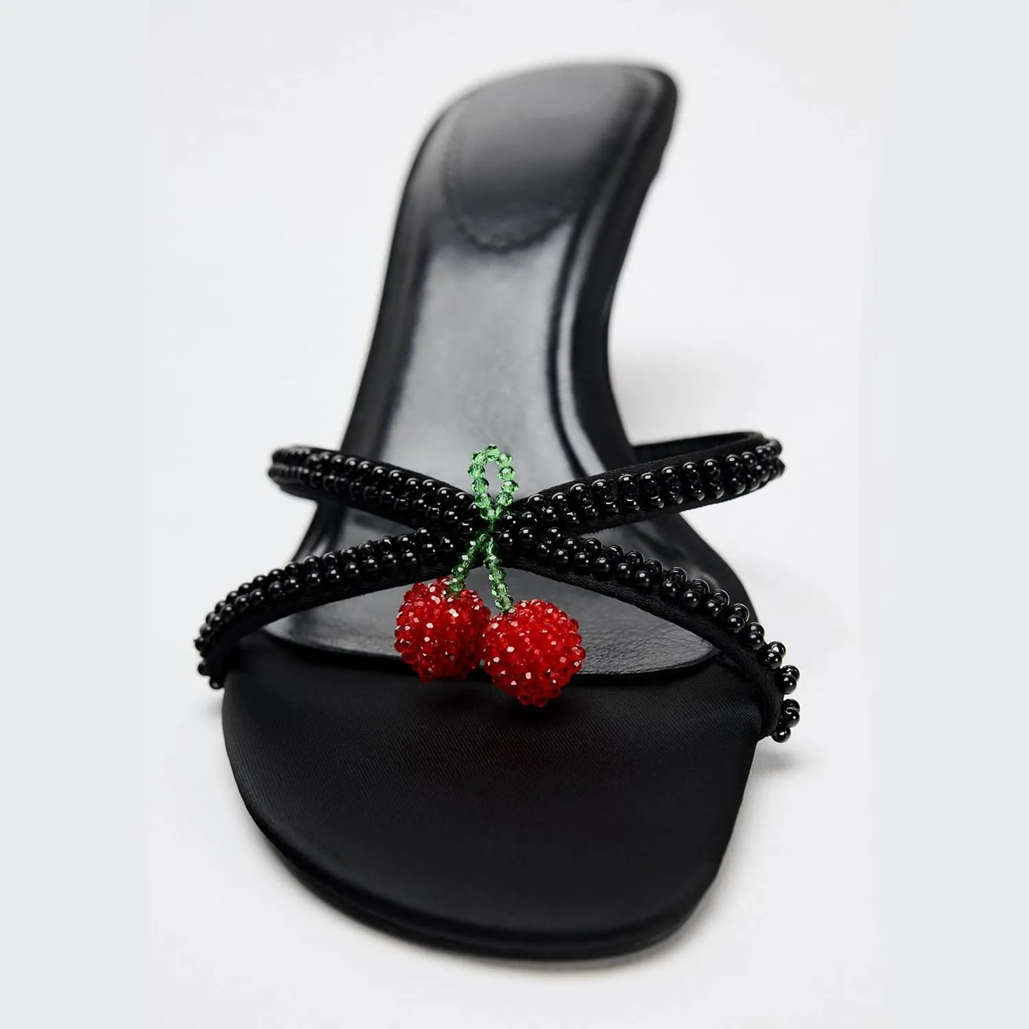 Goolita Cherry Beaded Mule Heels For Women, Open Round Toe Cross Strap Stiletto Heel Heeled Sandals Backless Slip On Party Dress Pump Shoes