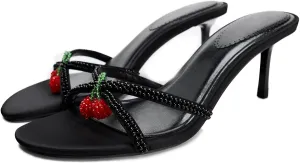 Goolita Cherry Beaded Mule Heels For Women, Open Round Toe Cross Strap Stiletto Heel Heeled Sandals Backless Slip On Party Dress Pump Shoes