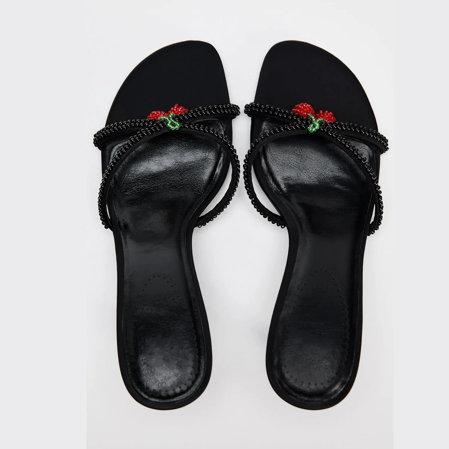 Goolita Cherry Beaded Mule Heels For Women, Open Round Toe Cross Strap Stiletto Heel Heeled Sandals Backless Slip On Party Dress Pump Shoes