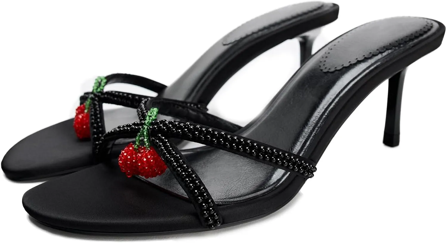 Goolita Cherry Beaded Mule Heels For Women, Open Round Toe Cross Strap Stiletto Heel Heeled Sandals Backless Slip On Party Dress Pump Shoes