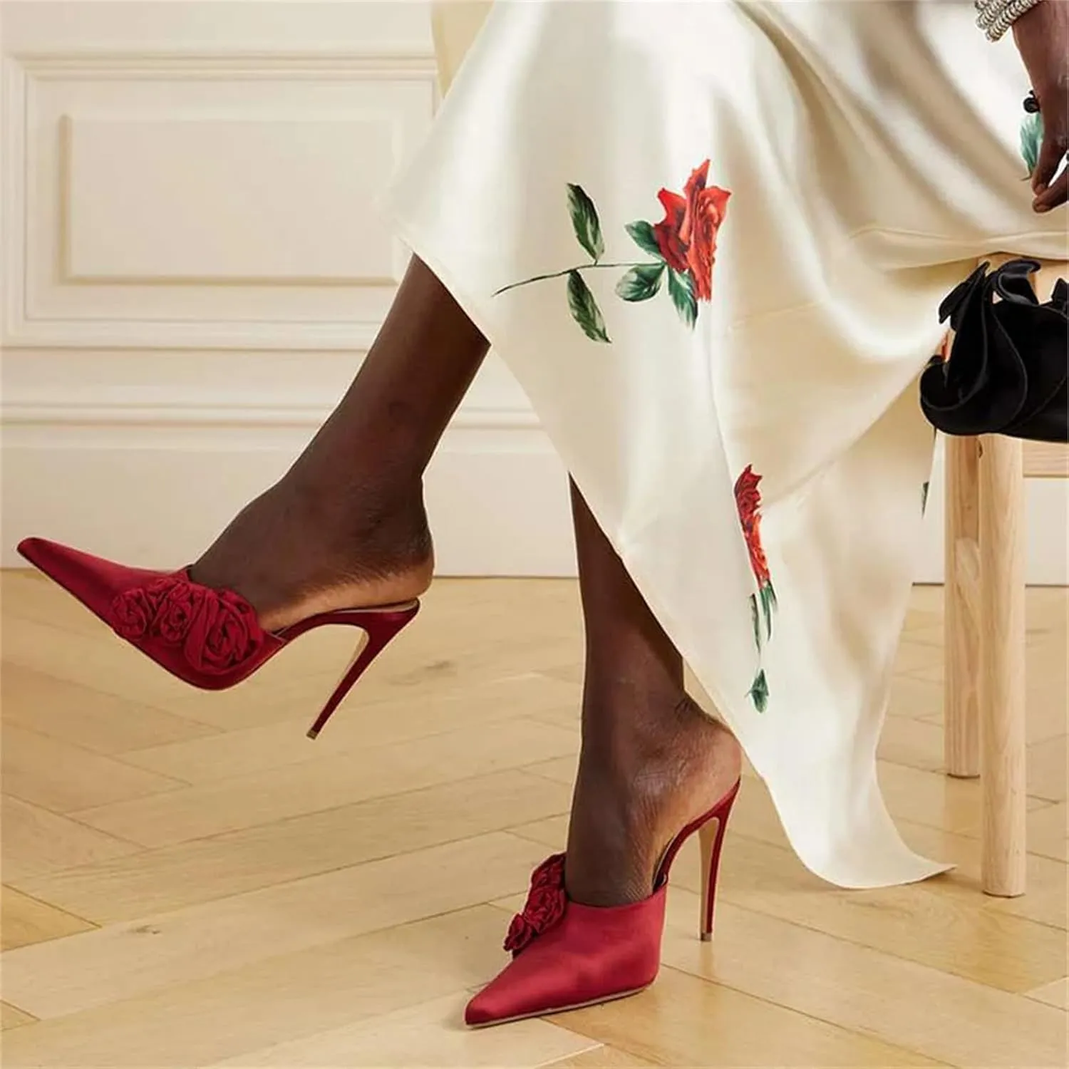 Goolita Flower Burgundy Pearl Mule Heels For Women, Stiletto Heel Slip On Pointed Toe Heeled Sandals Sexy Backless Party Heeled Slide Sandals