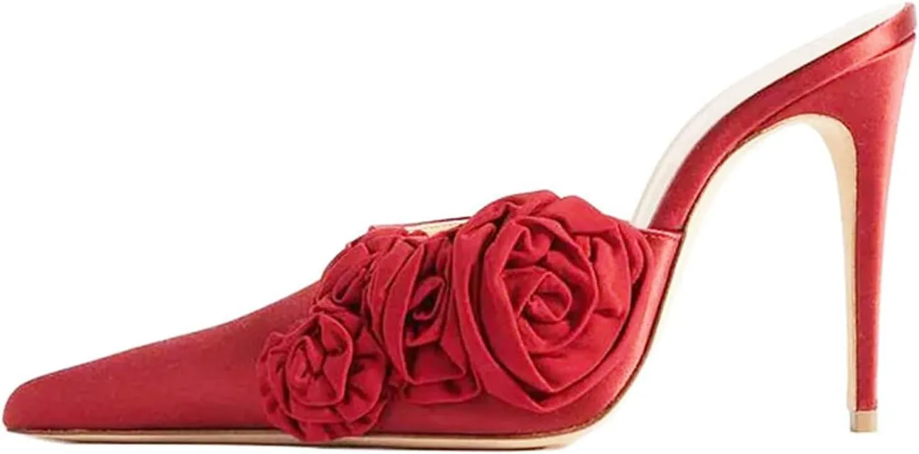 Goolita Flower Burgundy Pearl Mule Heels For Women, Stiletto Heel Slip On Pointed Toe Heeled Sandals Sexy Backless Party Heeled Slide Sandals