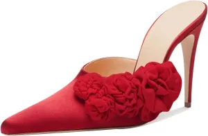 Goolita Flower Burgundy Pearl Mule Heels For Women, Stiletto Heel Slip On Pointed Toe Heeled Sandals Sexy Backless Party Heeled Slide Sandals
