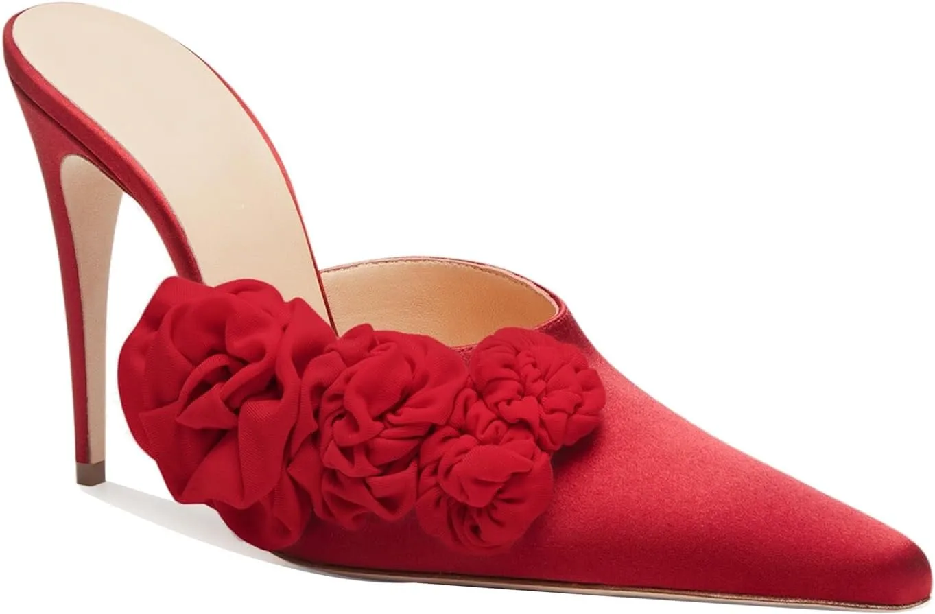 Goolita Flower Burgundy Pearl Mule Heels For Women, Stiletto Heel Slip On Pointed Toe Heeled Sandals Sexy Backless Party Heeled Slide Sandals