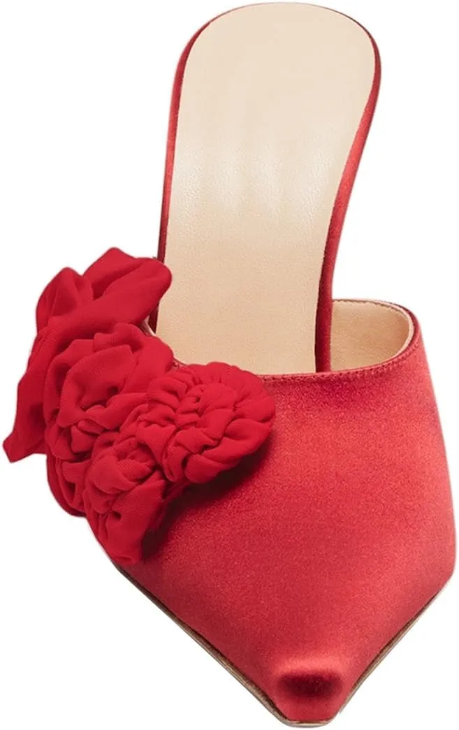 Goolita Flower Burgundy Pearl Mule Heels For Women, Stiletto Heel Slip On Pointed Toe Heeled Sandals Sexy Backless Party Heeled Slide Sandals