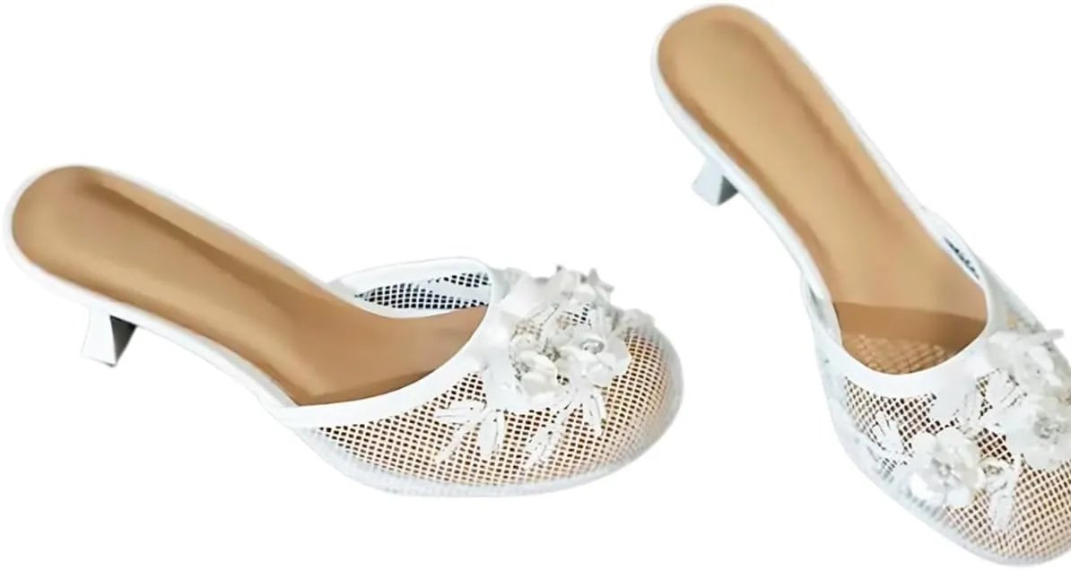 Goolita Summer Flower Beaded Mesh Mule Heels For Women, Closed Round Toe Slingback Kitten Heels Backless Slip On Party Evening Shoes