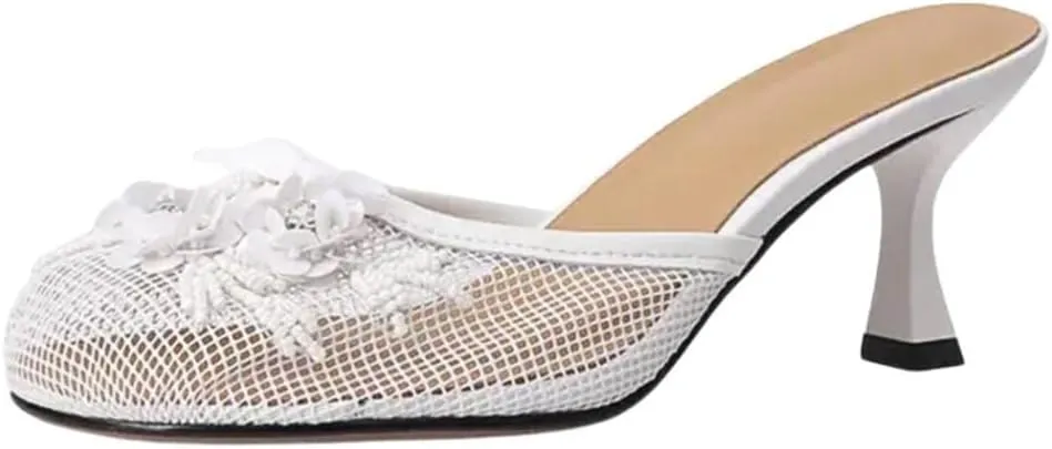 Goolita Summer Flower Beaded Mesh Mule Heels For Women, Closed Round Toe Slingback Kitten Heels Backless Slip On Party Evening Shoes