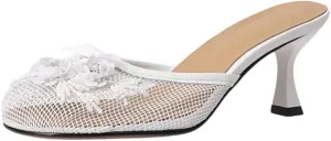 Goolita Summer Flower Beaded Mesh Mule Heels For Women, Closed Round Toe Slingback Kitten Heels Backless Slip On Party Evening Shoes