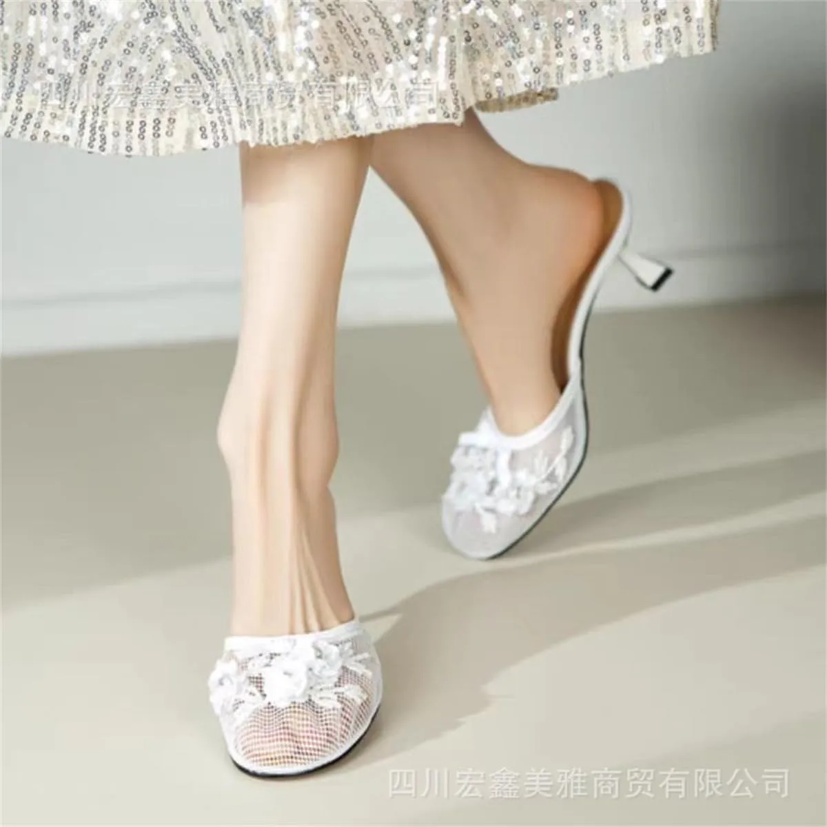 Goolita Summer Flower Beaded Mesh Mule Heels For Women, Closed Round Toe Slingback Kitten Heels Backless Slip On Party Evening Shoes