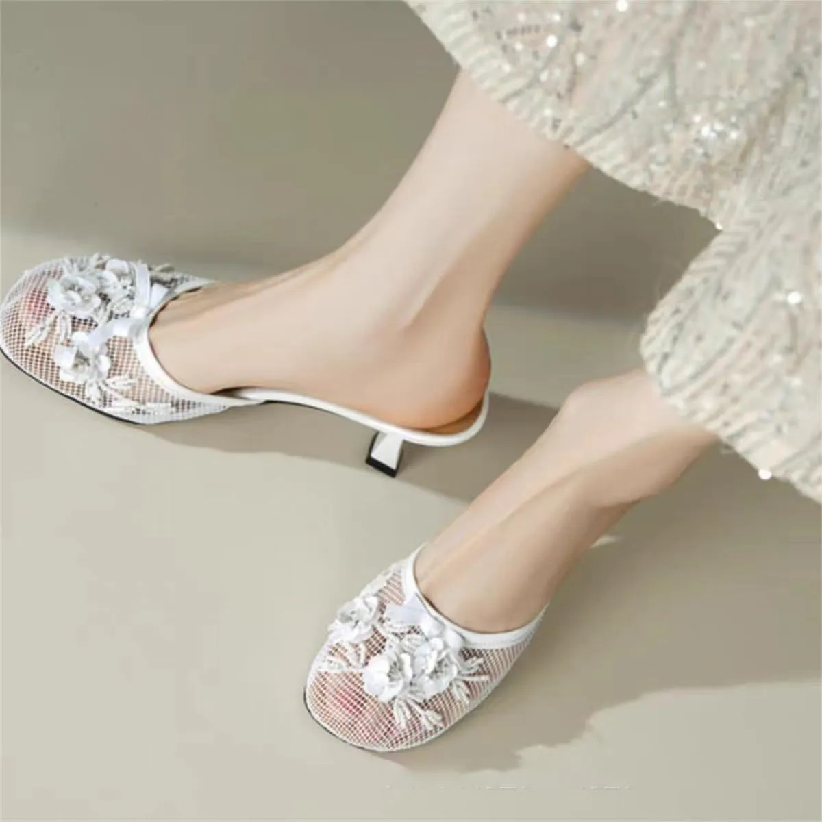 Goolita Summer Flower Beaded Mesh Mule Heels For Women, Closed Round Toe Slingback Kitten Heels Backless Slip On Party Evening Shoes