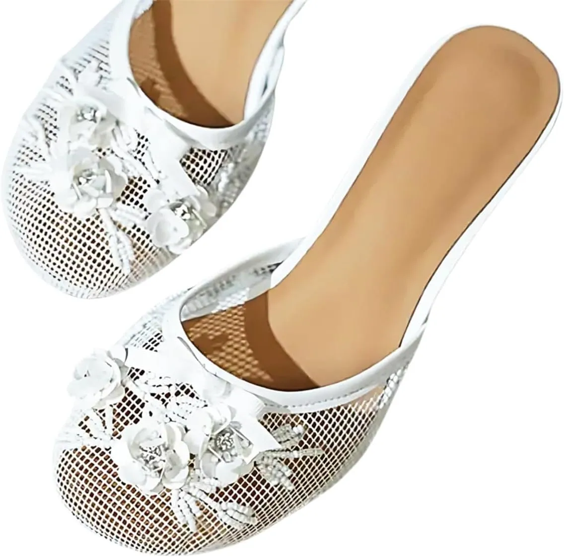 Goolita Summer Flower Beaded Mesh Mule Heels For Women, Closed Round Toe Slingback Kitten Heels Backless Slip On Party Evening Shoes