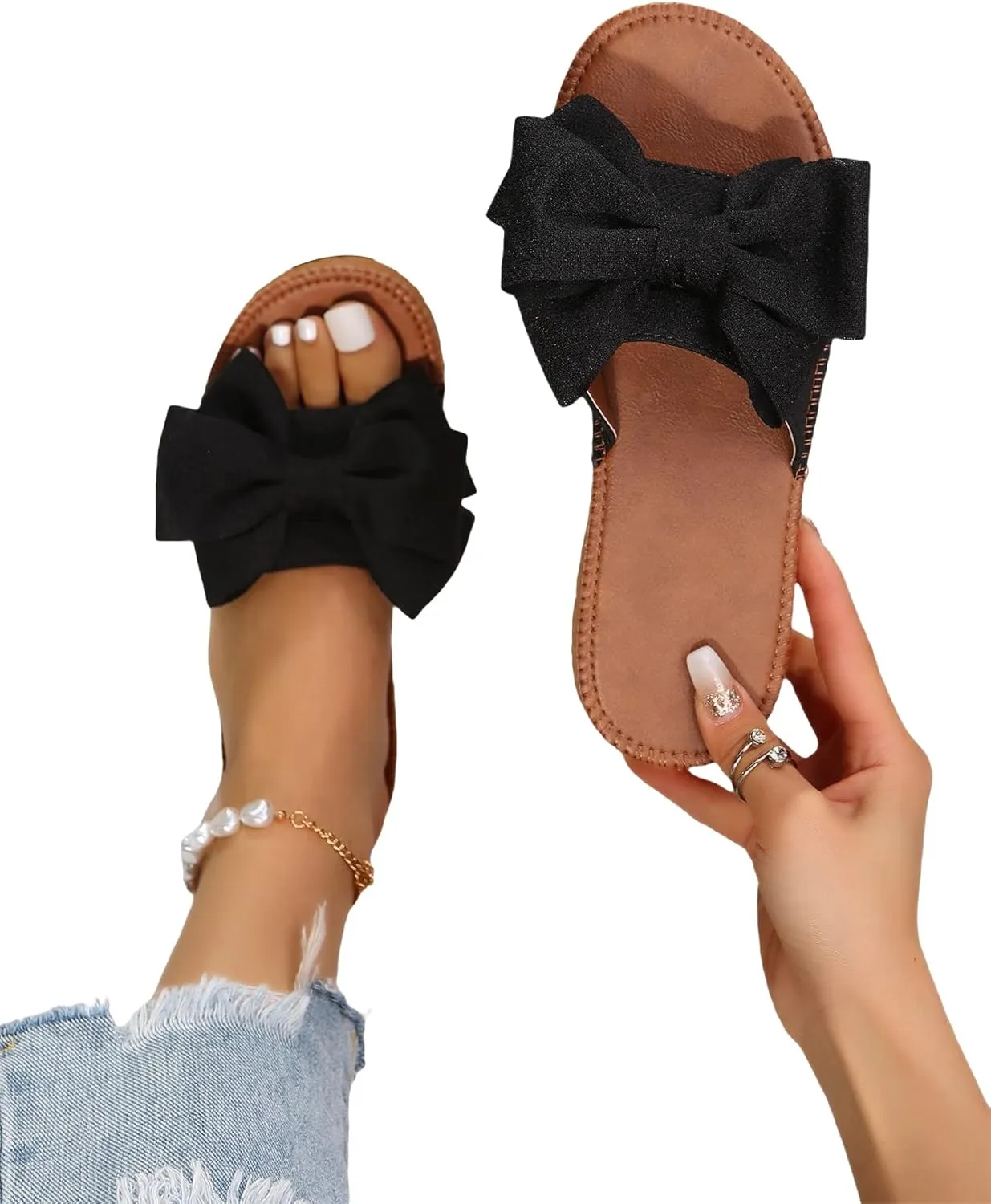GORGLITTER Women's Bow Knot Flat Sandals Open Toe Slip On Slide Slipper Single Band Flats