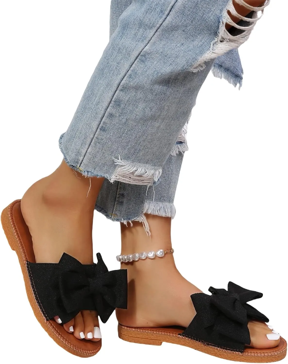 GORGLITTER Women's Bow Knot Flat Sandals Open Toe Slip On Slide Slipper Single Band Flats