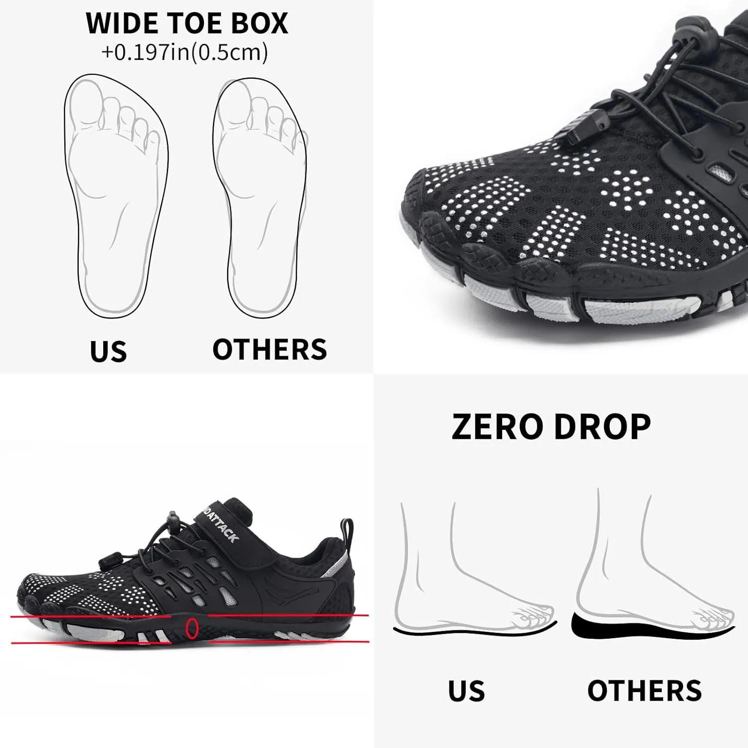 Grand Attack Barefoot Shoes Women Minimalist Zero Drop Lightweight Cross-Trainer for Wrestling Boxing Weightlifting Walking Shoes
