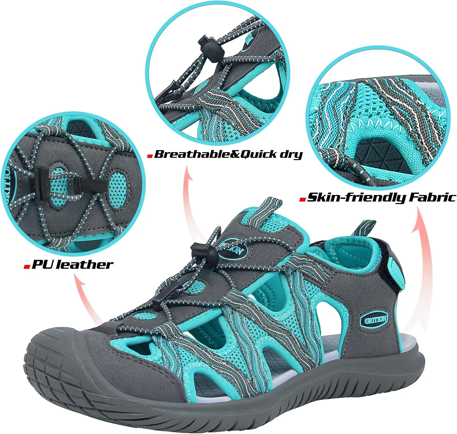 GRITION Hiking Sandals Women Closed Toe, Waterproof Lightweight Adjustable Hiking Athletic Sandals, Breathable For Beach Summer Adventure Comfortable Outdoor Sport