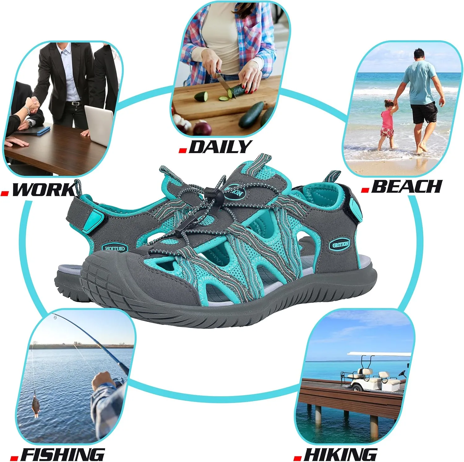 GRITION Hiking Sandals Women Closed Toe, Waterproof Lightweight Adjustable Hiking Athletic Sandals, Breathable For Beach Summer Adventure Comfortable Outdoor Sport