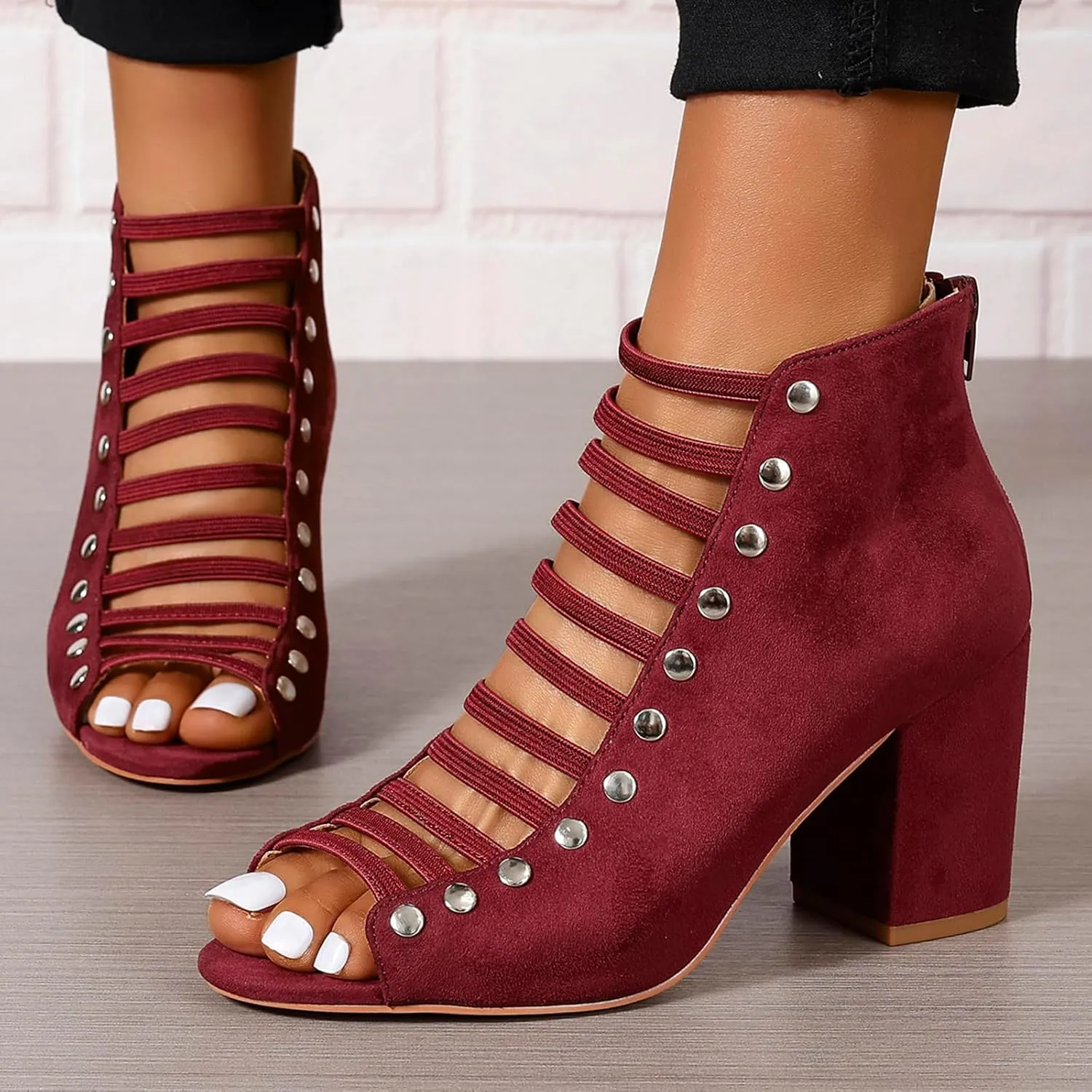 GUNIYIFS Womens Faux Suede Heels Sandals Peep Toe Cutout Chunky Block High Heels Sandals Dress Summer Back Zip Ankle Booties
