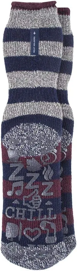 HEAT HOLDERS Mens Striped Non Slip Grip Indoor Fleece Lined Slipper Socks