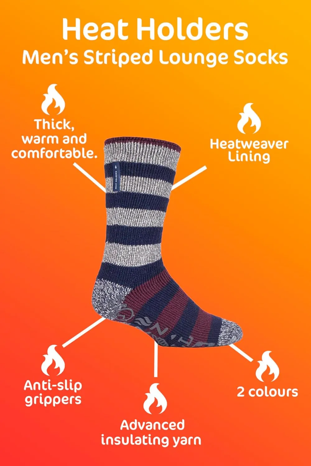 HEAT HOLDERS Mens Striped Non Slip Grip Indoor Fleece Lined Slipper Socks