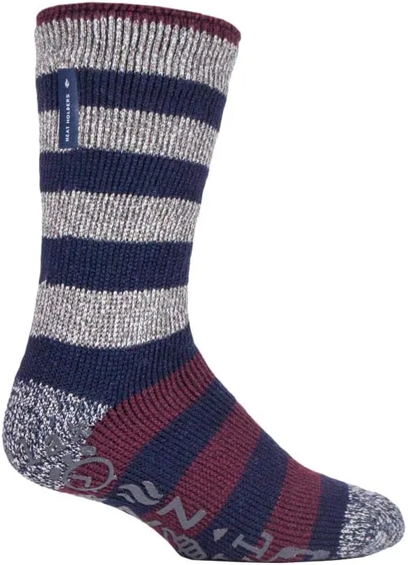 HEAT HOLDERS Mens Striped Non Slip Grip Indoor Fleece Lined Slipper Socks