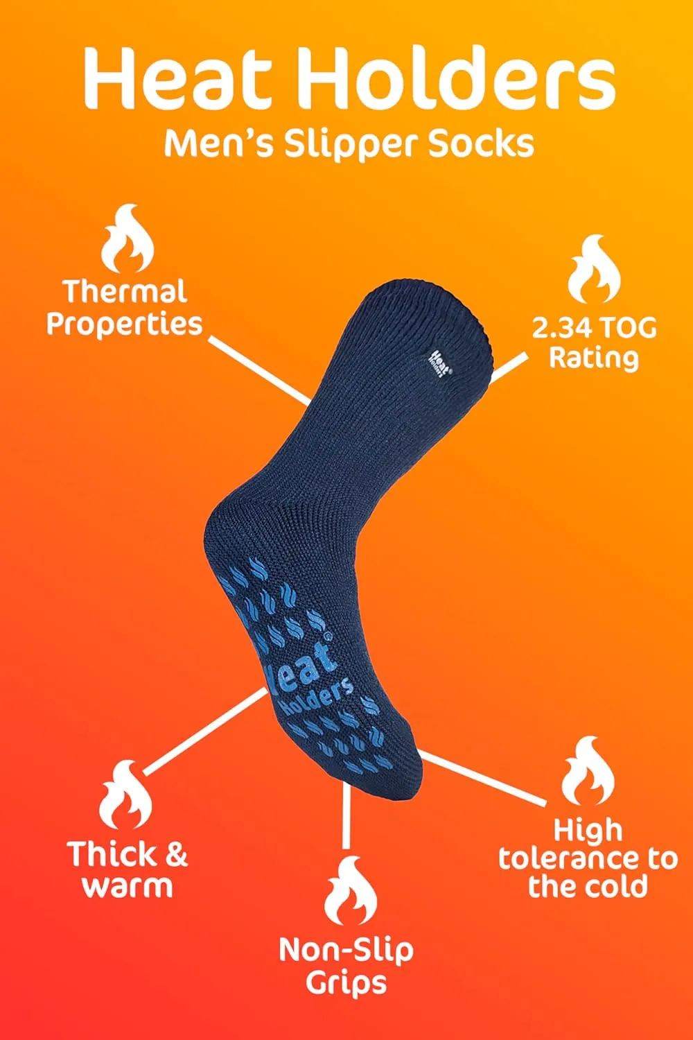 HEAT HOLDERS - Mens Thick 2.3 TOG Non Skid Thermal Slipper Socks with Grippers