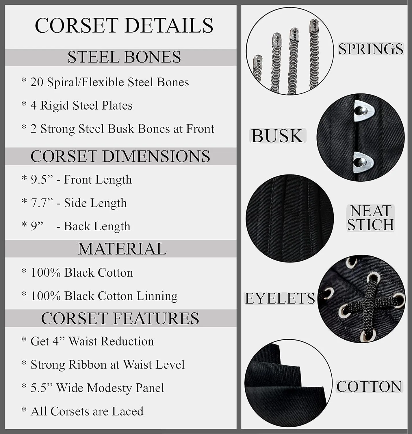 Heavy Duty Underbust Double Steel Boned Waist Trainer Cincnher Womens Waspie Cotton Black Corset