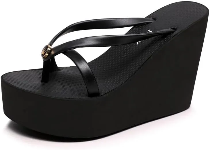 Heel Platform Flip Flops for Women, Womens Slip on Platform Sandals, Women Platform Wedge Slipper, Black