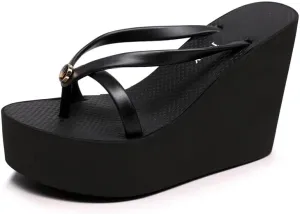 Heel Platform Flip Flops for Women, Womens Slip on Platform Sandals, Women Platform Wedge Slipper, Black