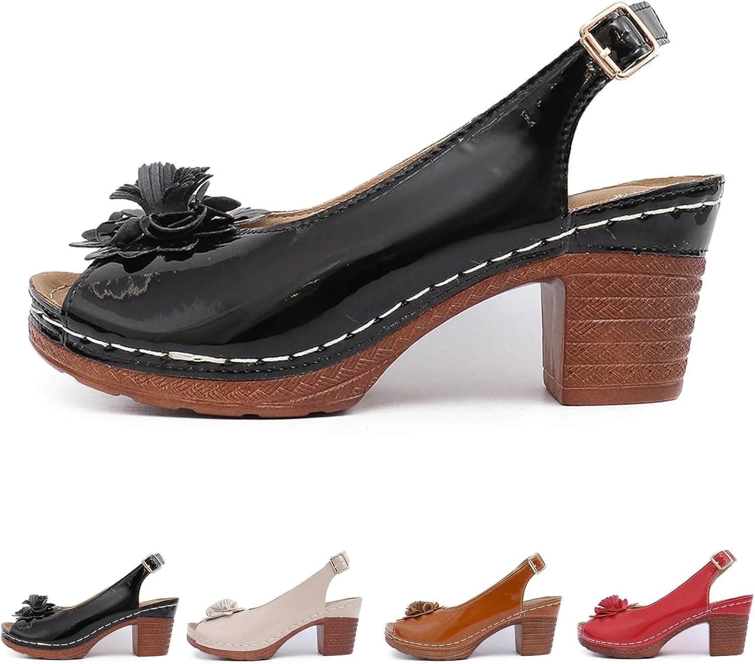 Heeled Sandals for Women Orthopedic Casual Slides Low Heel Sandals Fish Mouth Buckle Ankle Strap Breathable Shoes Fashion Flower Solid Color Slip On Slides for Prom Wedding Party Office