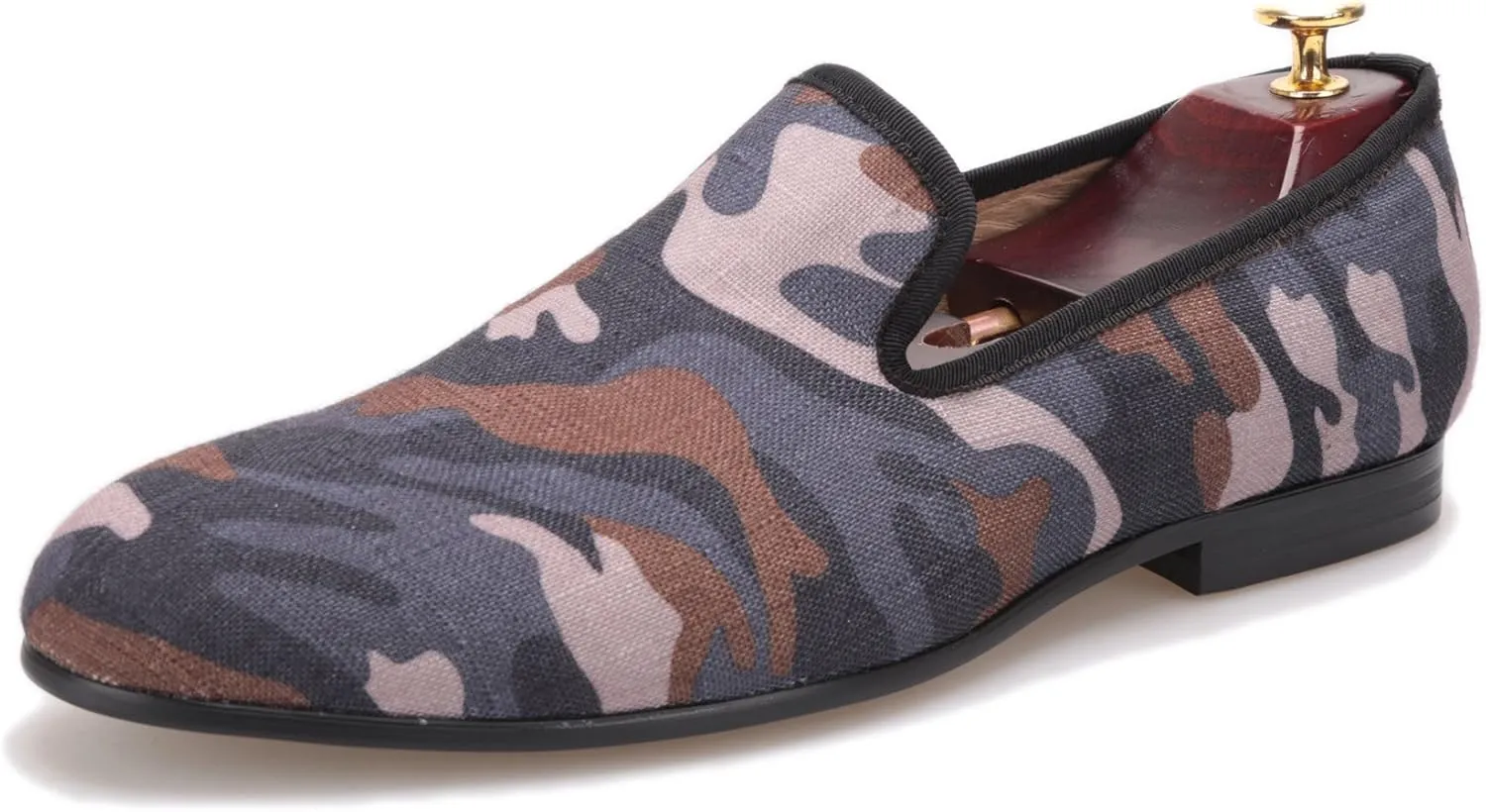 HI&HANN British Style Classic Camouflage Men Smoking Slippers Handmade Men Mix Color Canvas Loafers Men Casual and Prom Flats