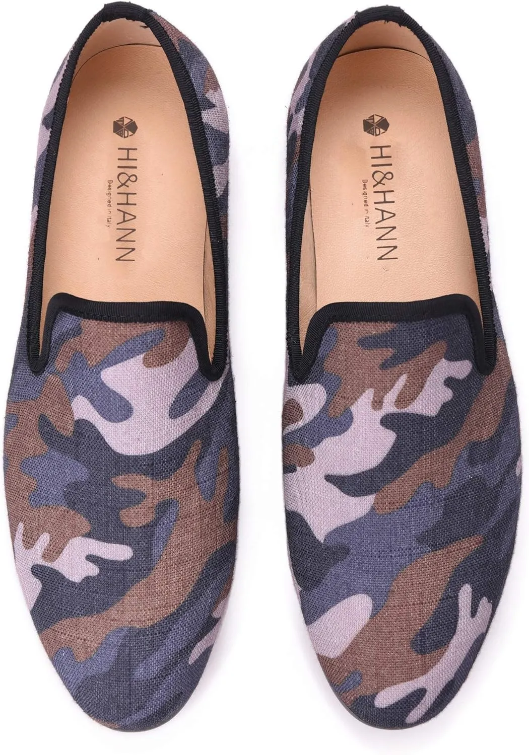 HI&HANN British Style Classic Camouflage Men Smoking Slippers Handmade Men Mix Color Canvas Loafers Men Casual and Prom Flats