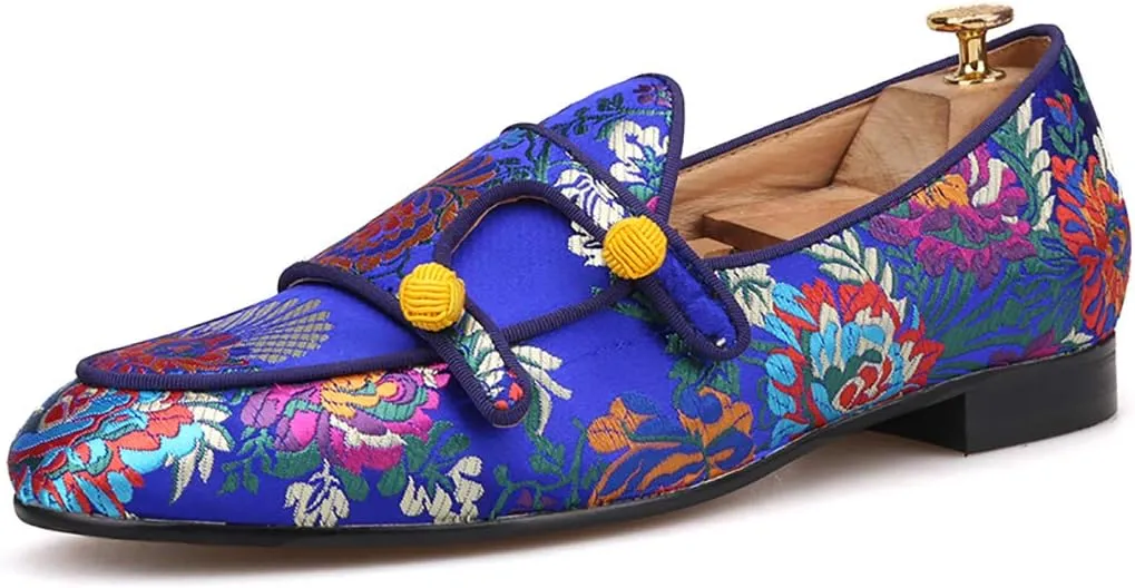 HI&HANN Men Silk Shoes Chinese Style Flower Men's Loafers Wedding and Party Smoking Slippers