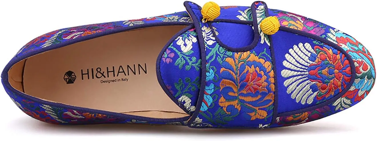 HI&HANN Men Silk Shoes Chinese Style Flower Men's Loafers Wedding and Party Smoking Slippers